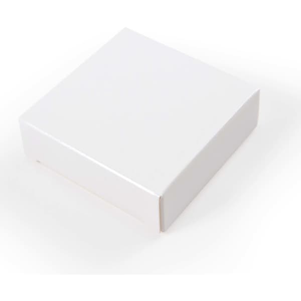 A white cardboard box with a smooth finish, featuring a simple design and no visible branding.