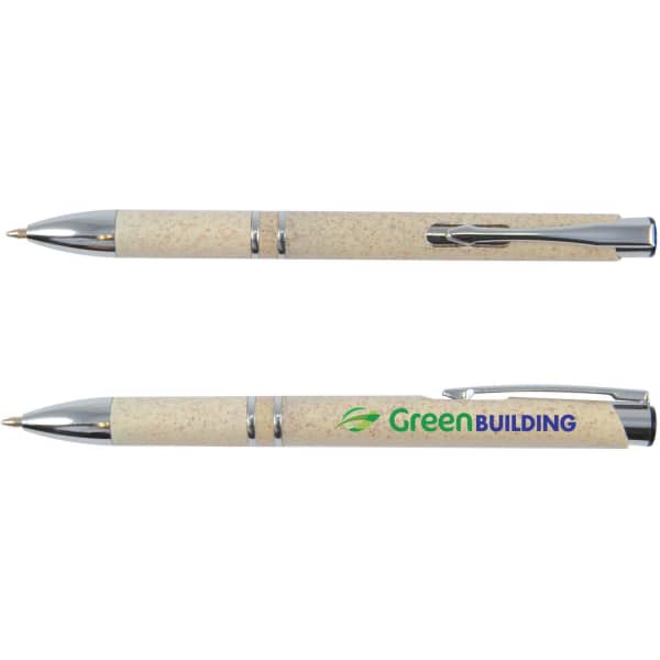 A pen featuring a cream-coloured body with silver accents and a logo.