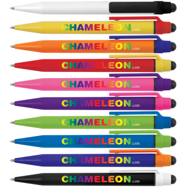A collection of Chameleon pens and styluses in various vibrant colours, featuring black tips and white branding.