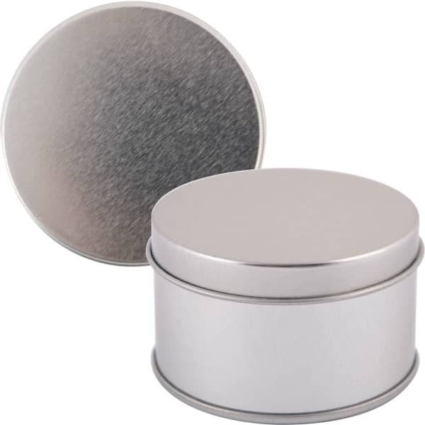 A silver round tin with a smooth metallic finish and a lid, designed for storage.