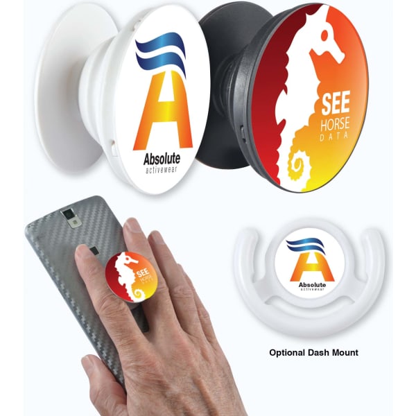A phone grip in white and black, featuring a circular design with two different logos, and an optional dash mount.