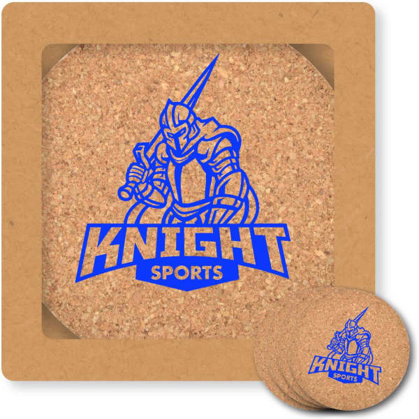 A round cork coaster set with a knight graphic and blue branding, displayed in a square presentation box.