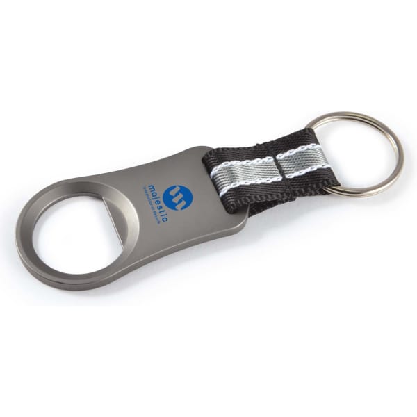 A drink bottle opener keyring in silver and black, featuring a logo on the handle.