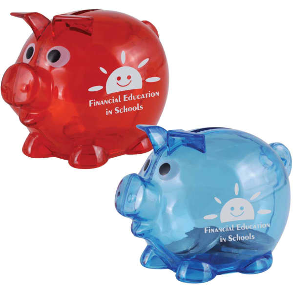 A red and a blue pig-shaped coin bank, each featuring a smiling logo, sitting side by side.