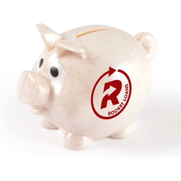 A small ceramic piggy bank in a light colour with a playful design and a logo.
