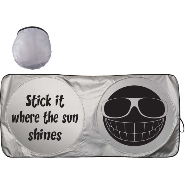 A silver car sunshade featuring a smiling face and playful text, with a compact storage pouch.