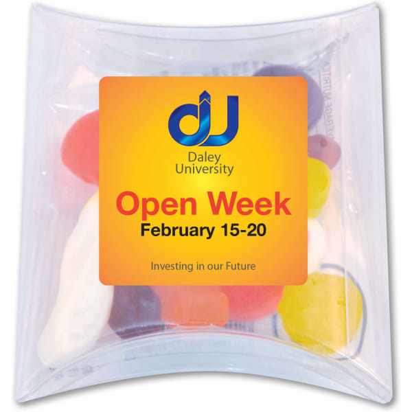 Assorted jelly lollies in a clear pillow pack, featuring a variety of bright colours including red, yellow, and green.