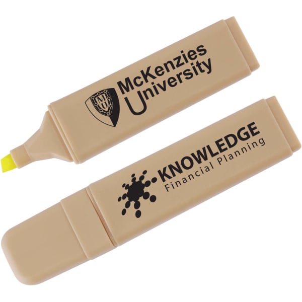A beige highlighter with a yellow tip and a logo, featuring two ends for highlighting and text marking.