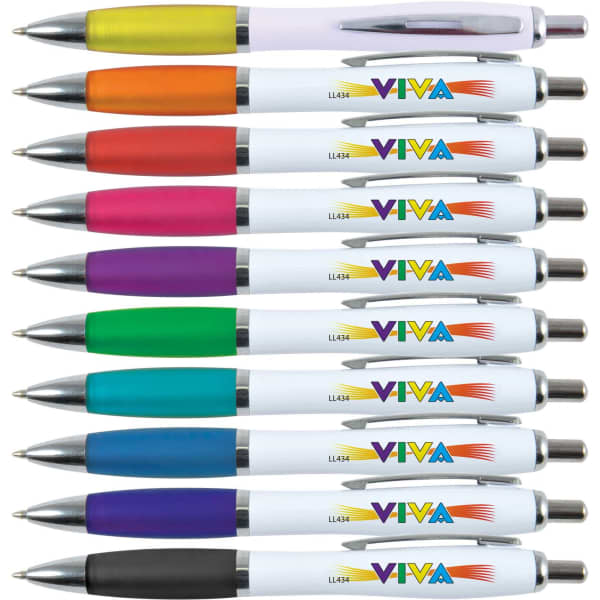 A collection of Viva pens with white barrels and assorted coloured tops, featuring a logo on each pen.