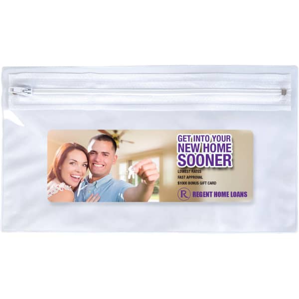 A clear pencil case featuring a zip closure and a promotional logo. It has a front panel displaying a couple with a key.