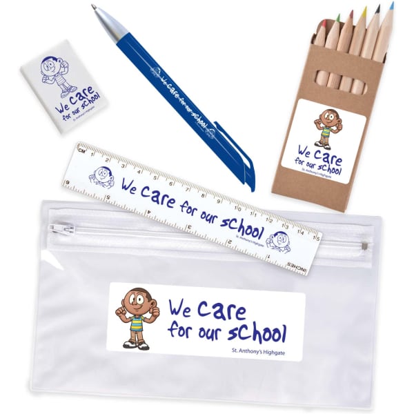 A clear pencil case containing coloured pencils, a ruler, an eraser, and a pen, featuring a logo.
