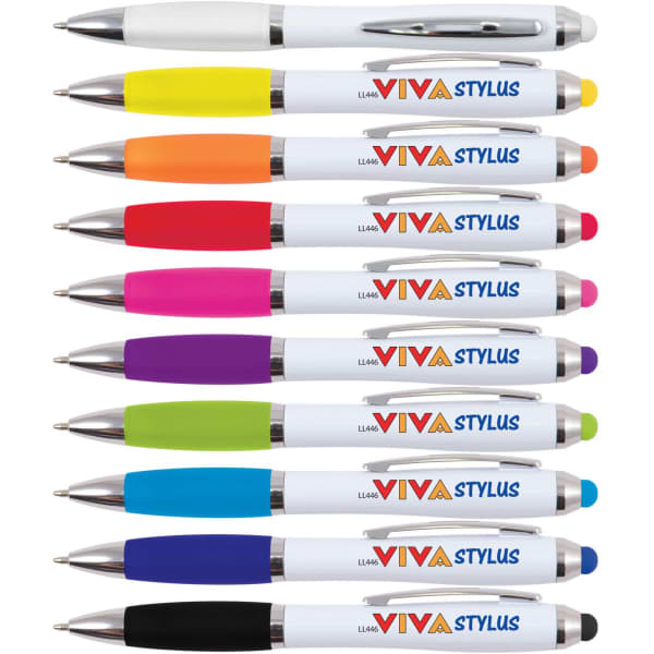 A collection of white stylus pens in various colours: yellow, pink, orange, purple, green, and blue, featuring a logo.