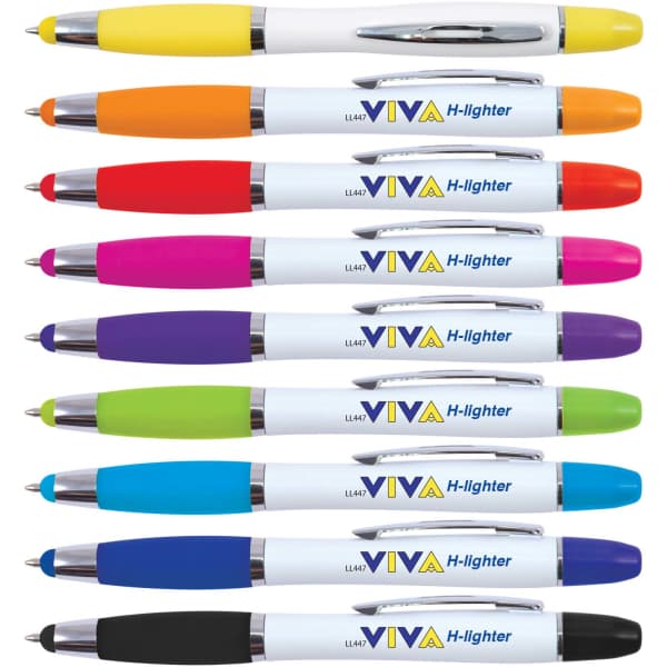 A collection of stylus pens and highlighters in various colours, featuring a branding logo.