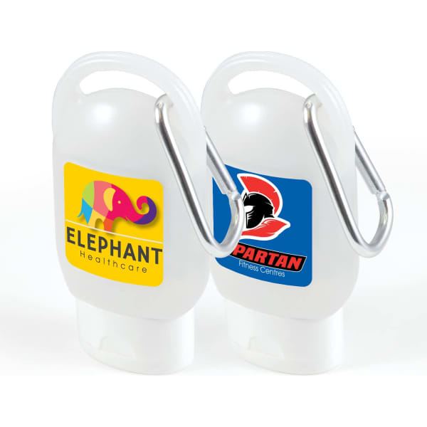 A white gel hand sanitiser with a carabiner attachment, featuring colourful logos on both sides.