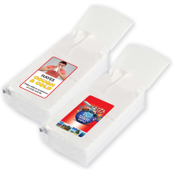 A pack of ten white pocket tissues, featuring branding on both sides.