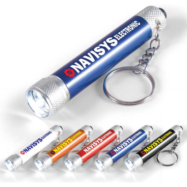 A compact torch in blue, featuring a keyring attachment. Available in multiple colours with a branding logo.