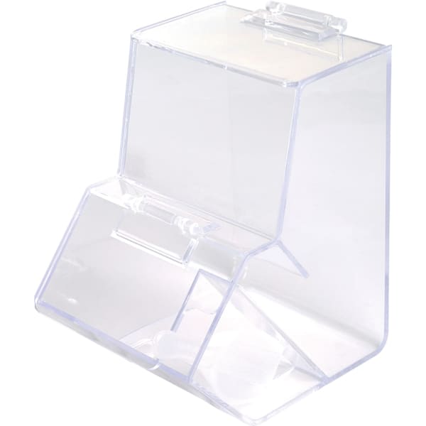 A clear acrylic dispenser with a scoop, featuring a transparent design and a hinged lid.