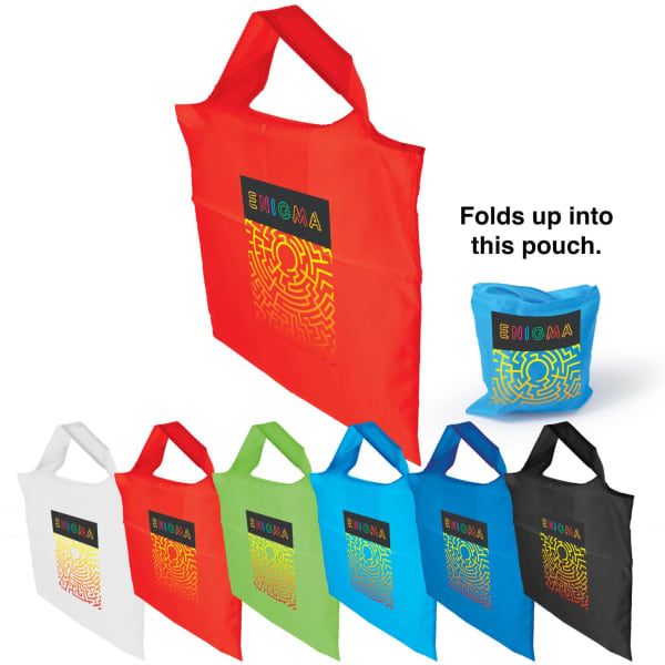 A set of reusable grocery bags in various colours: orange, white, green, blue, red, and black, featuring a logo.