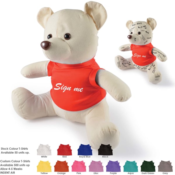 A plush bear in a red shirt, featuring a cream colour with signatures and a logo on its torso.