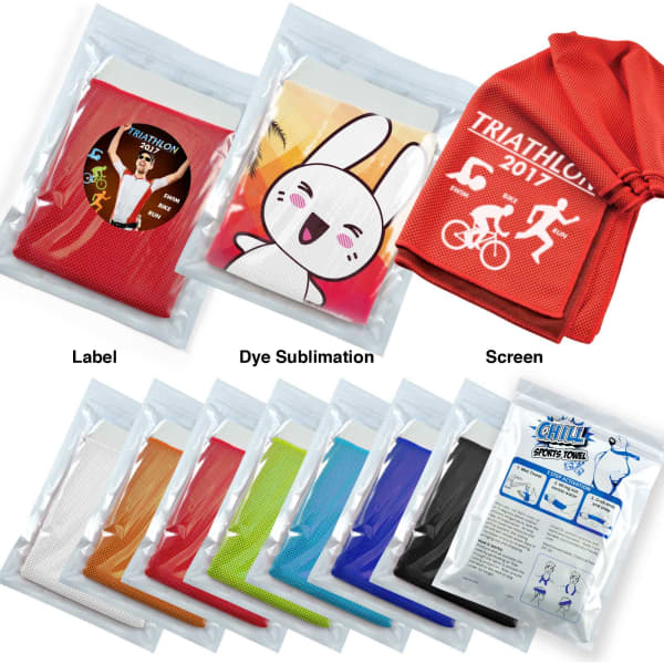 A variety of cooling towels in different colours, neatly packaged in pouches, featuring various designs and a logo.