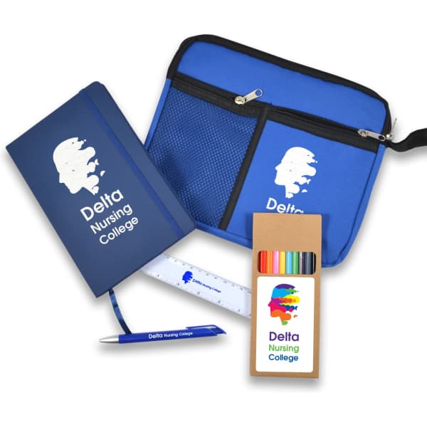 A blue pencil case, notebook, ruler, coloured pencils, and a pen, featuring a logo on some items.