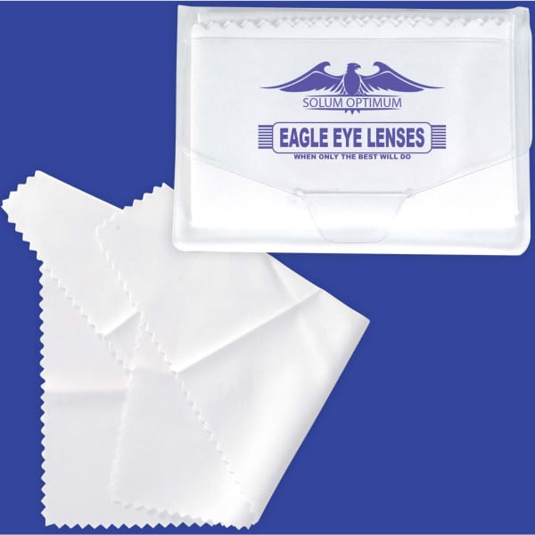 A white microfibre lens cloth with a clear case, featuring a logo and a textured edge for cleaning.