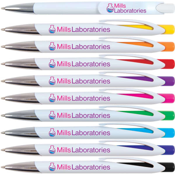 A collection of ten multi-coloured pens with white barrels and silver accents, featuring a branding logo.