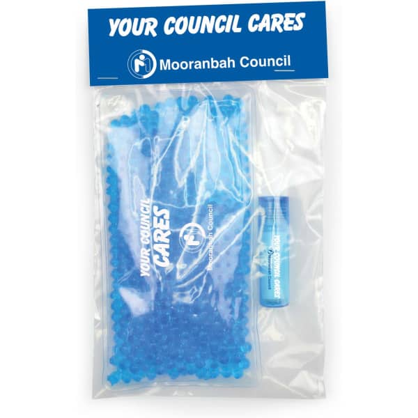 A packaged wellness pack featuring blue gel beads and a blue lip balm, with a council branding logo.
