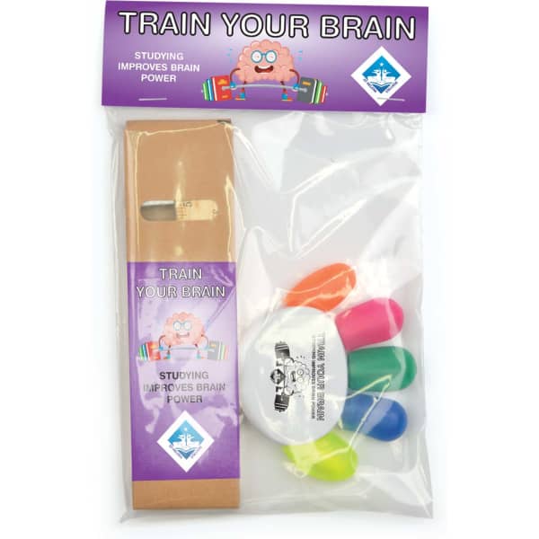 A pack of highlighters in various colours—pink, orange, yellow, green, and blue—inside a clear bag with a logo.