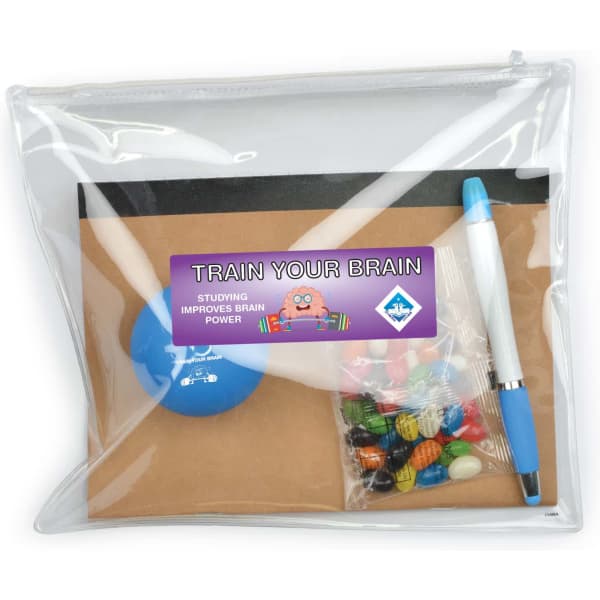 A clear pencil case containing a blue stress ball, a pen, and a bag of multicoloured brain teasers.