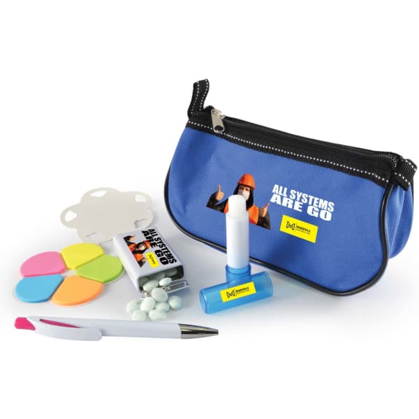 A blue pencil case with a black zipper contains a white marker, sticky notes, a range of colourful markers, and a pen.