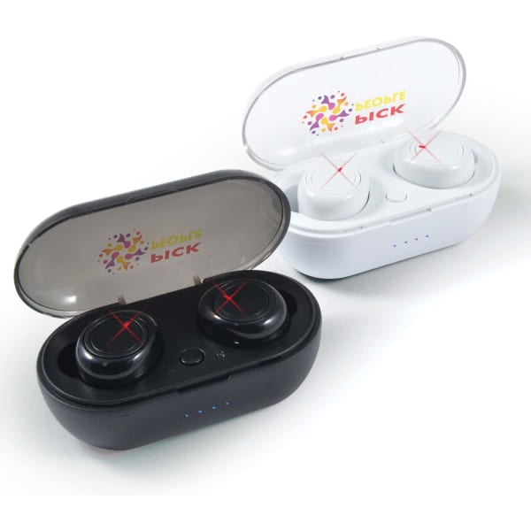 A pair of Tempest TWS earbuds in black and white, housed in a charging case with a transparent lid and a logo.