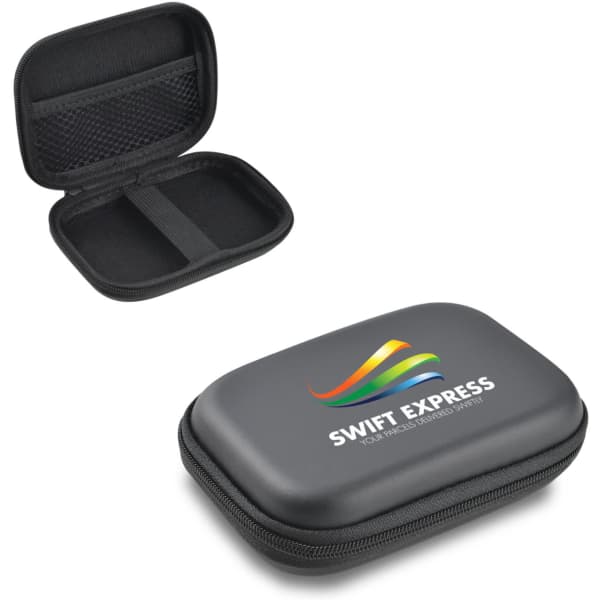 A small black EVA zipper case with a logo, featuring a mesh pocket and elastic strap inside.