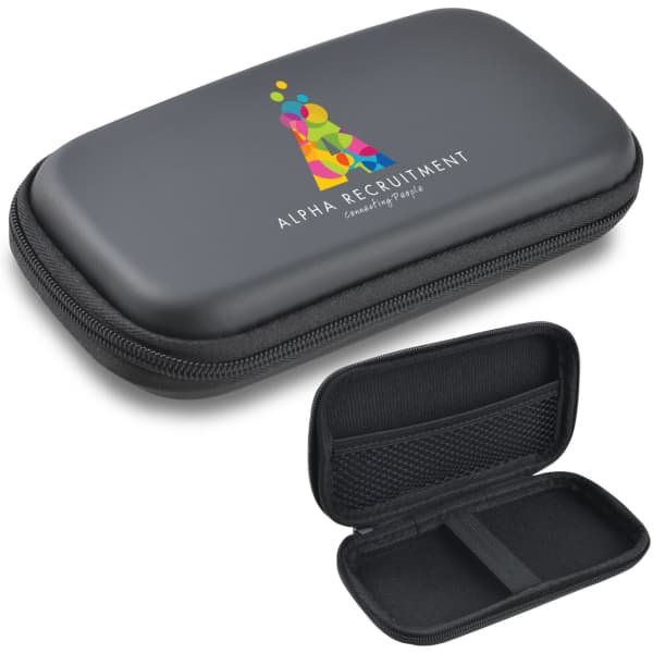 A medium black EVA zipper case with a logo, featuring a zippered closure and interior compartments.