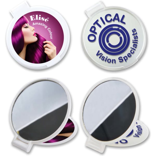 A round folding mirror featuring a vibrant design, with one side reflective and the other a standard mirror, in a white casing.