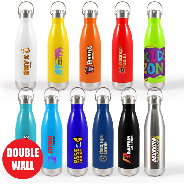 A drink bottle collection featuring various colours like white, orange, green, and silver, with unique designs and logos.