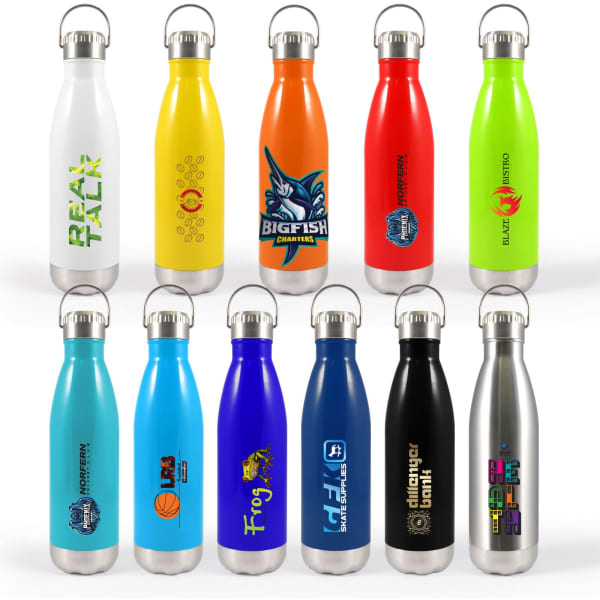 A range of stainless steel drink bottles in various colours, featuring different designs and a hanger lid.