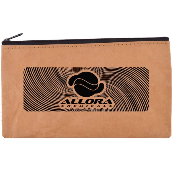 A tan kraft pouch with a zip closure and a black logo design on the front.