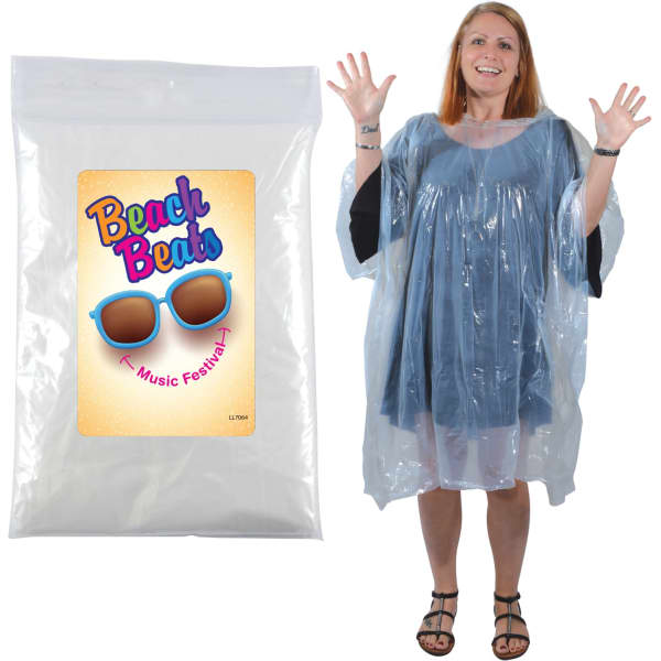 A woman wearing a transparent poncho stands beside a packaging bag. The poncho is lightweight and suitable for wet weather.