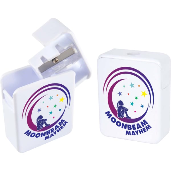 A rectangular white pencil sharpener with a silver blade and a colourful logo on the front.