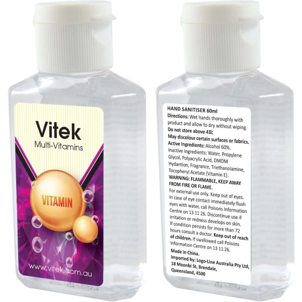 A transparent bottle of hand sanitiser, 60ml, featuring a multicoloured label with a logo and vitamin graphic.
