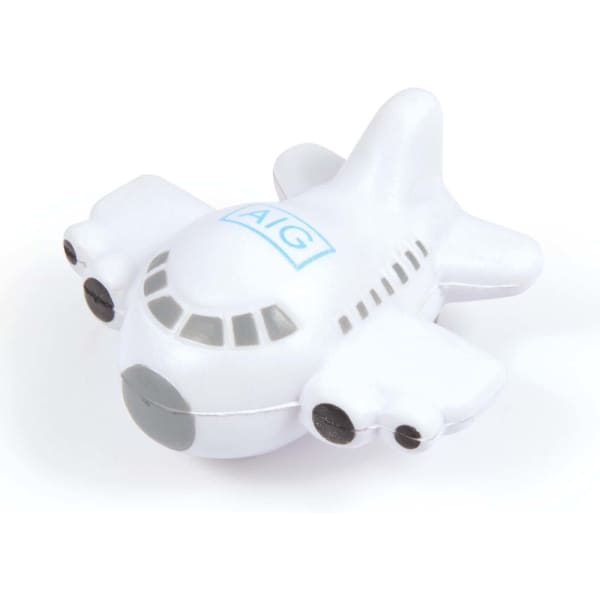 A white aeroplane stress reliever with black details and a logo on top.