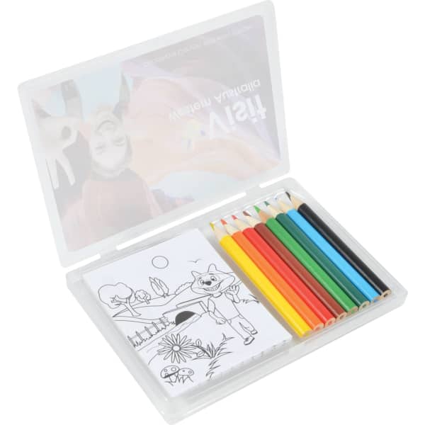 A closed case containing a set of coloured pencils in various colours alongside a colouring book.