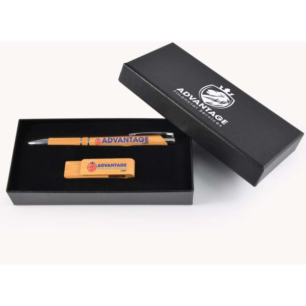 A gift set featuring a wooden pen and a wooden clip, presented in a black box with a logo.
