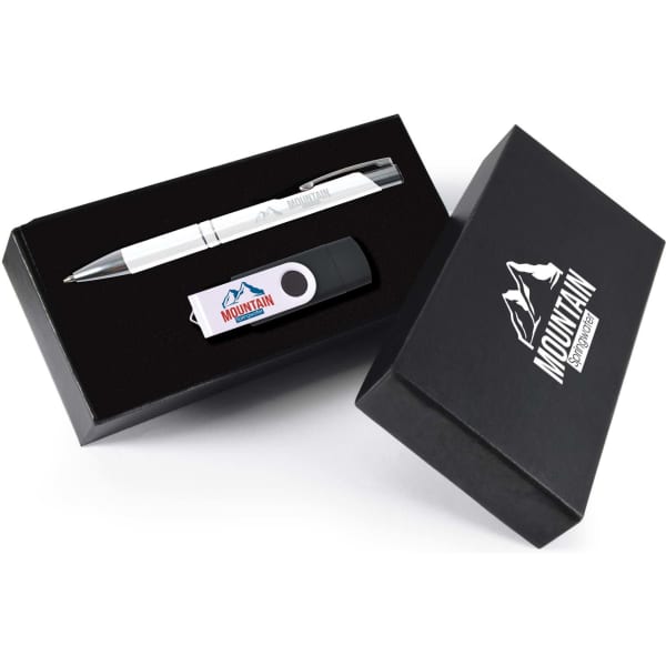 A silver pen and a USB flash drive in a black gift box with a logo.