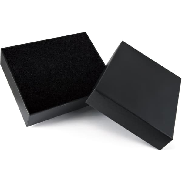 A black gift box with a soft interior, featuring a lid that is slightly open, showcasing its empty space.