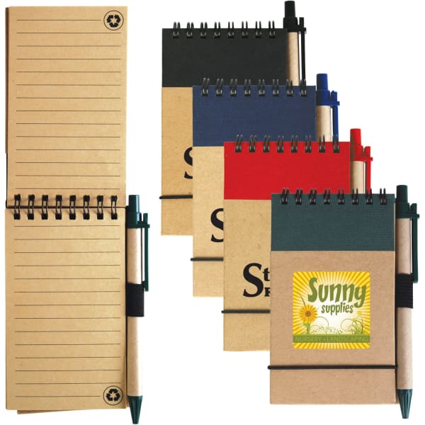 A cardboard notebook with a spiral binding and pen, available in various colours: green, red, blue, and navy.