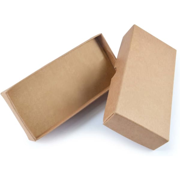 A small, natural kraft gift box opened, showcasing a plain interior and a simple, rectangular design.