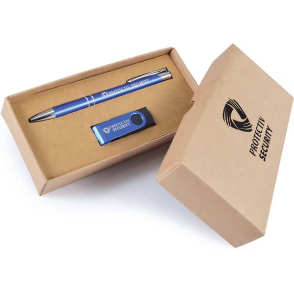 A cardboard gift set featuring a blue pen and a USB drive, presented in a simple brown box with branding.