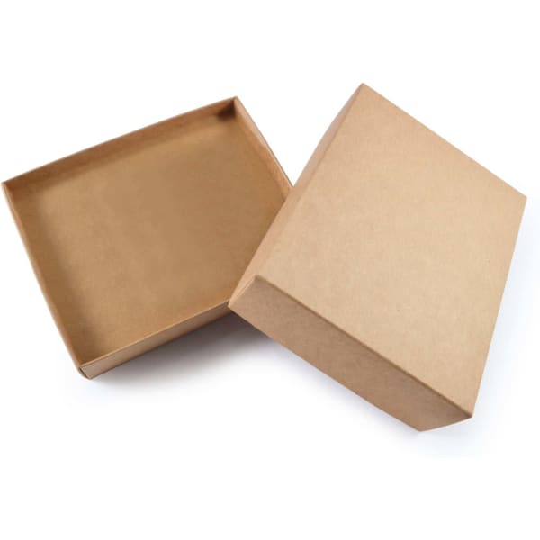 A large natural gift box with a plain brown exterior, open to display the interior.
